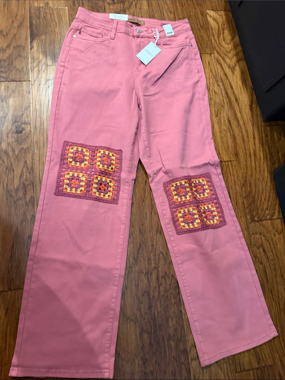 Judy Blue Pink Flare Jeans with Crochet Knee Patches